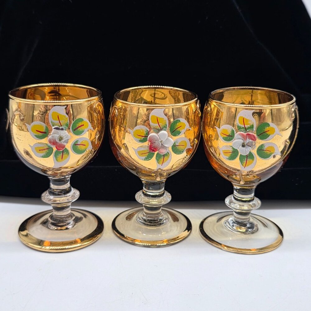 Bohemian Czech Glass Enamel Gold Floral Design Cordial Glasses Liquor Set of 3
